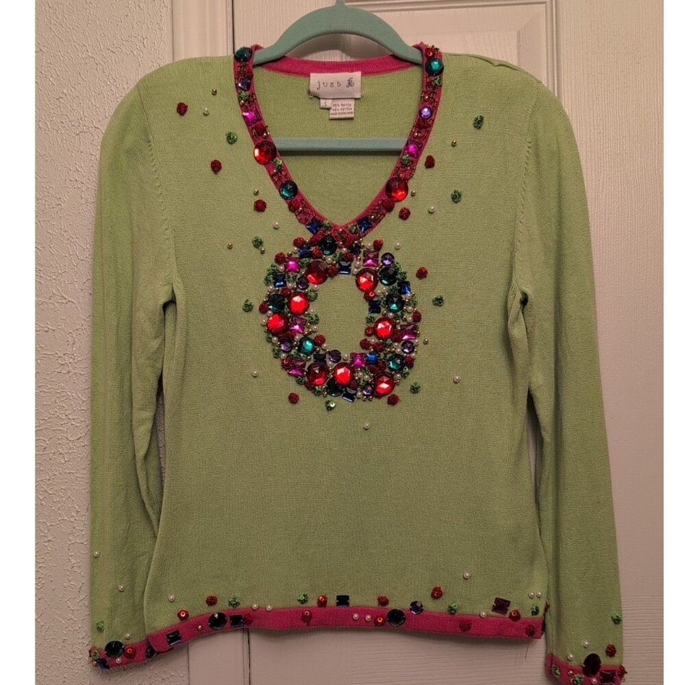 Just B Christmas Green Pink Sweater Size Small Beads Jewels Pearls Lightweight